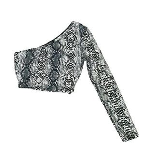 SHEIN Black and White One-Shoulder Snake Print Crop Top